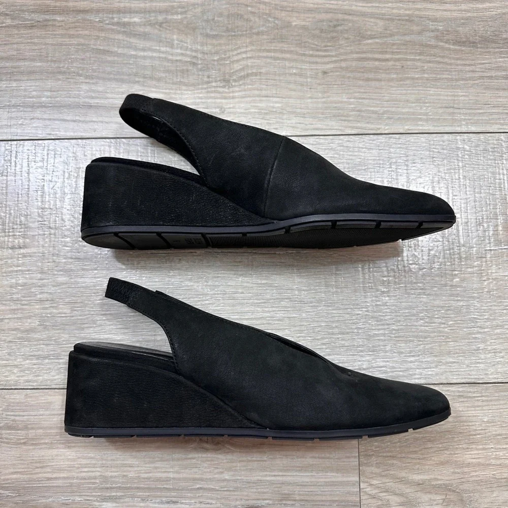 Eileen Fisher Devi‎ Tumbled Nubuck Black Leather Slingback Wedge Heels Women's 6